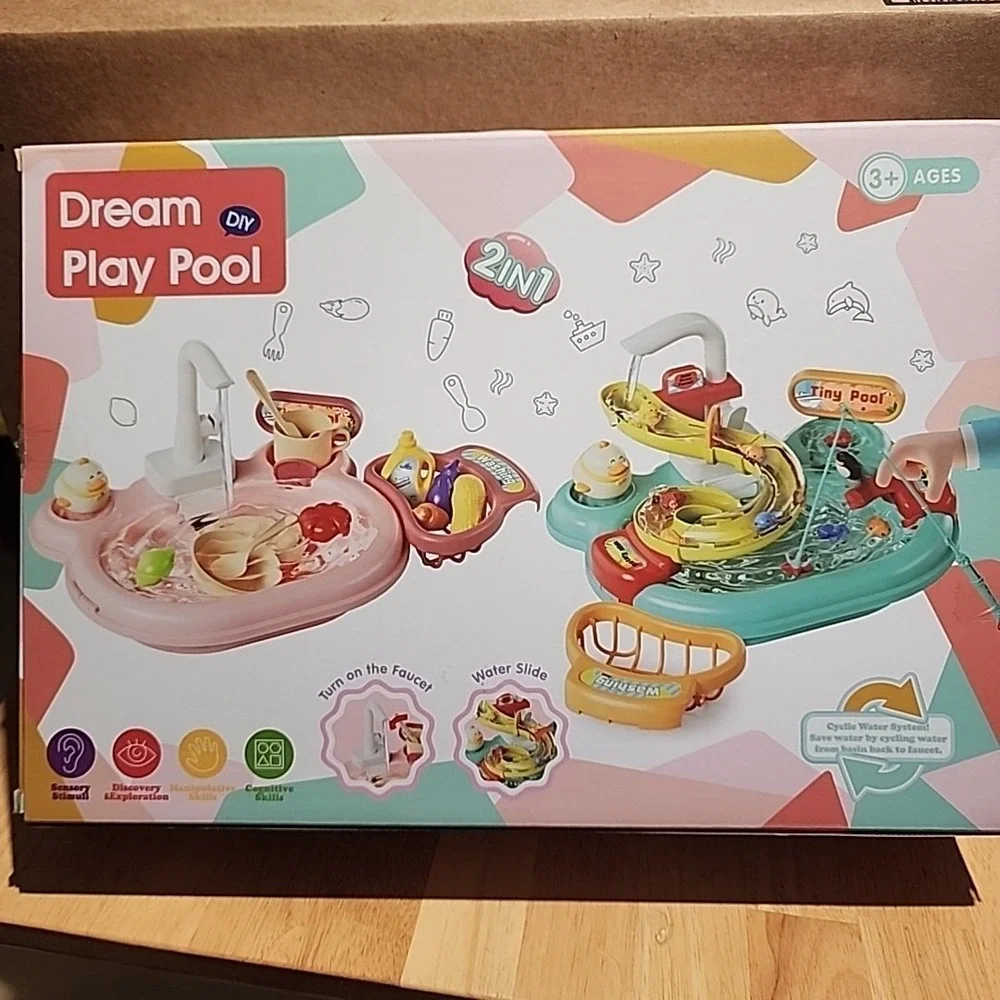 Play Sink with Running Water, 2-in-1 Toddler Kitchen Toys Pink